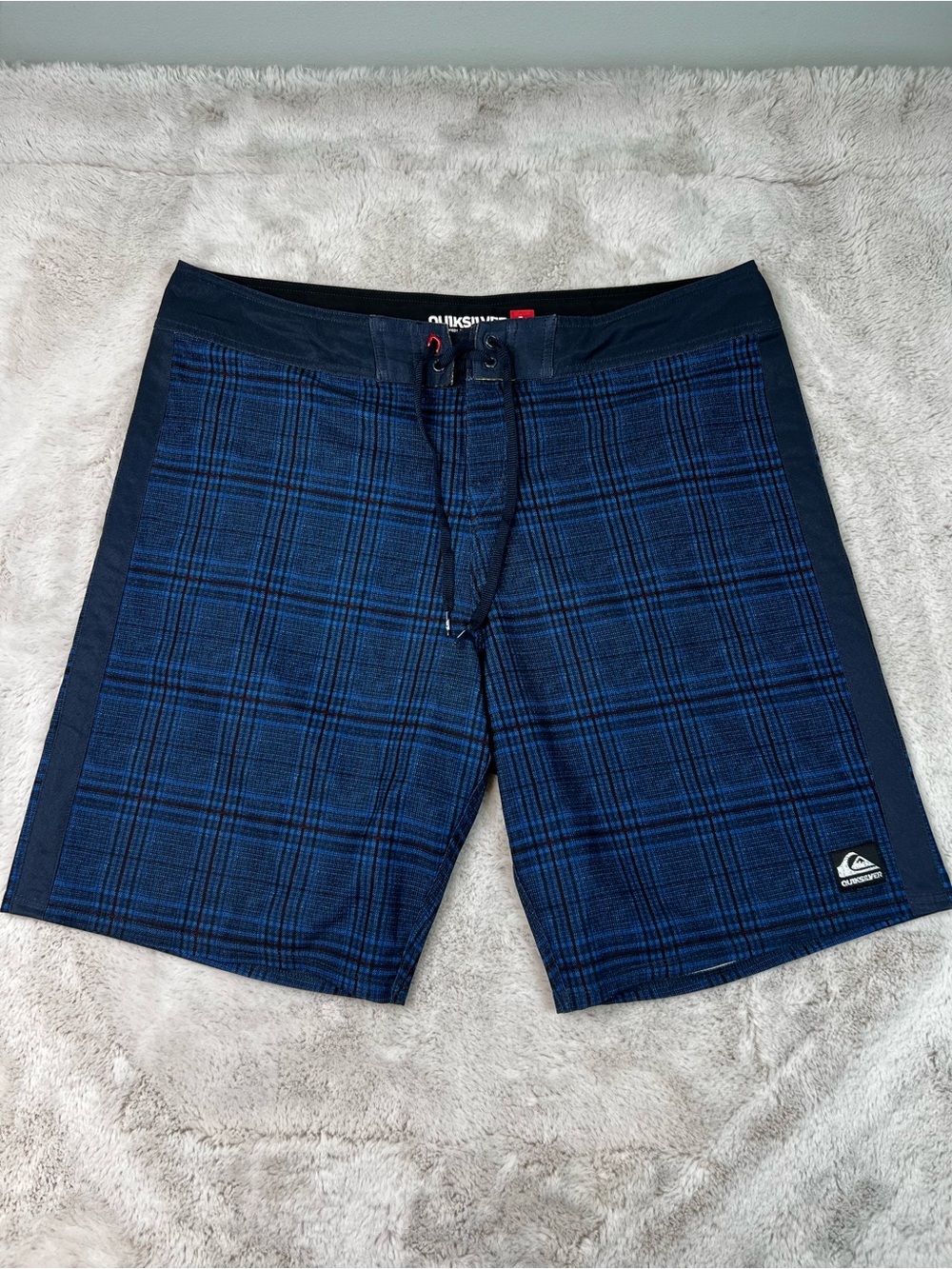 Quiksilver Swim Trunks Shorts Size 38 Blue Plaid 4 Way Stretch Diamond Dobby